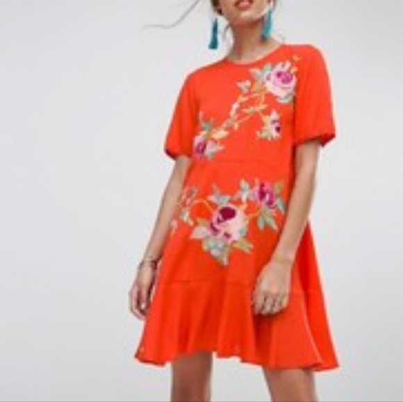 Asos Floral Embroidered Orange Dress - Picture 1 of 4